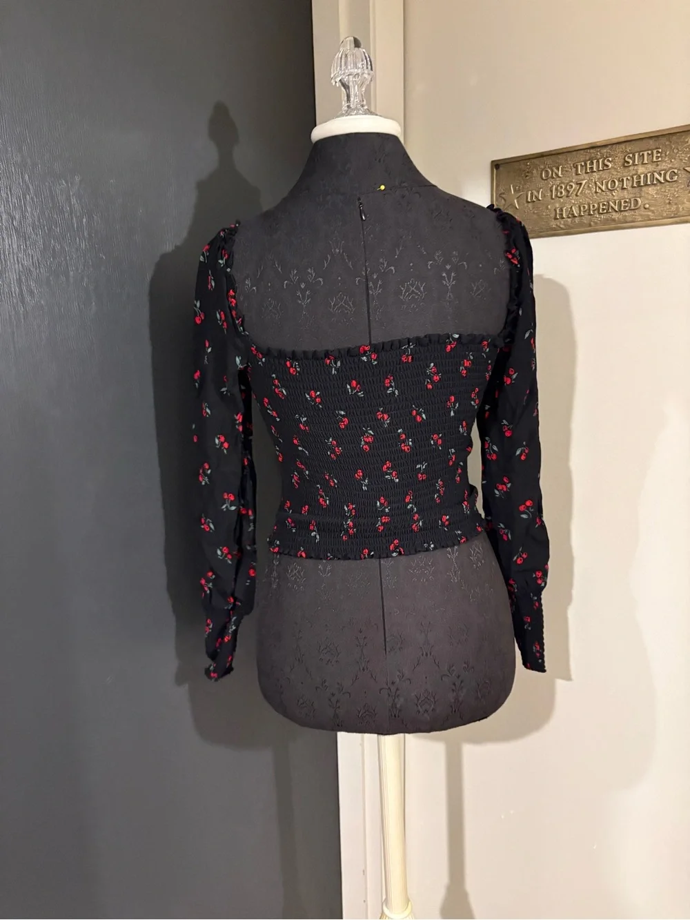 Reformation Black Cherry-Print Smocked Long Puff Sleeve Top 💜